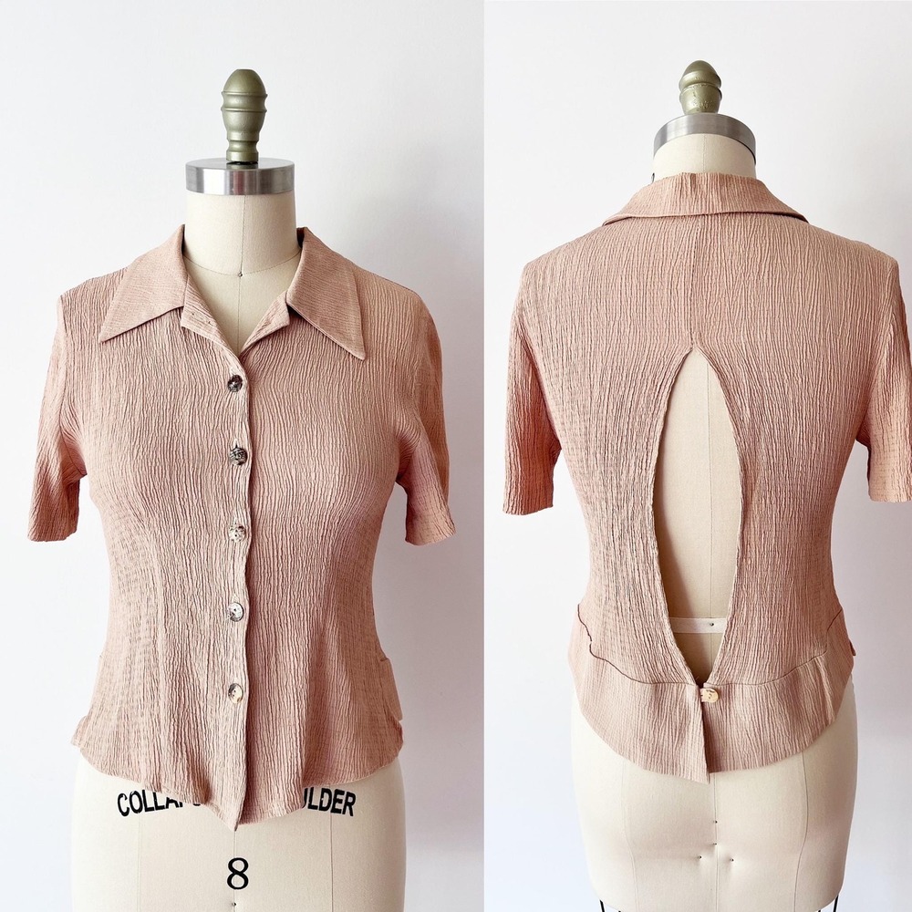 Short Sleeve Blouse Taupe Putty Open Back Vintage Crinkle‎ Top